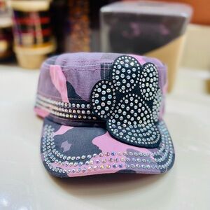Pink and Black Camouflage Cap with Rhinestones